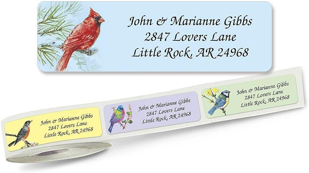Birds Rolled Personalized Return Address Mailing Labels with Dispenser, Set of 500,5 Designs, Small ¾ x 2½ Inch Size, Custom Self-Adhesive Sticker Roll, by Colorful Images
