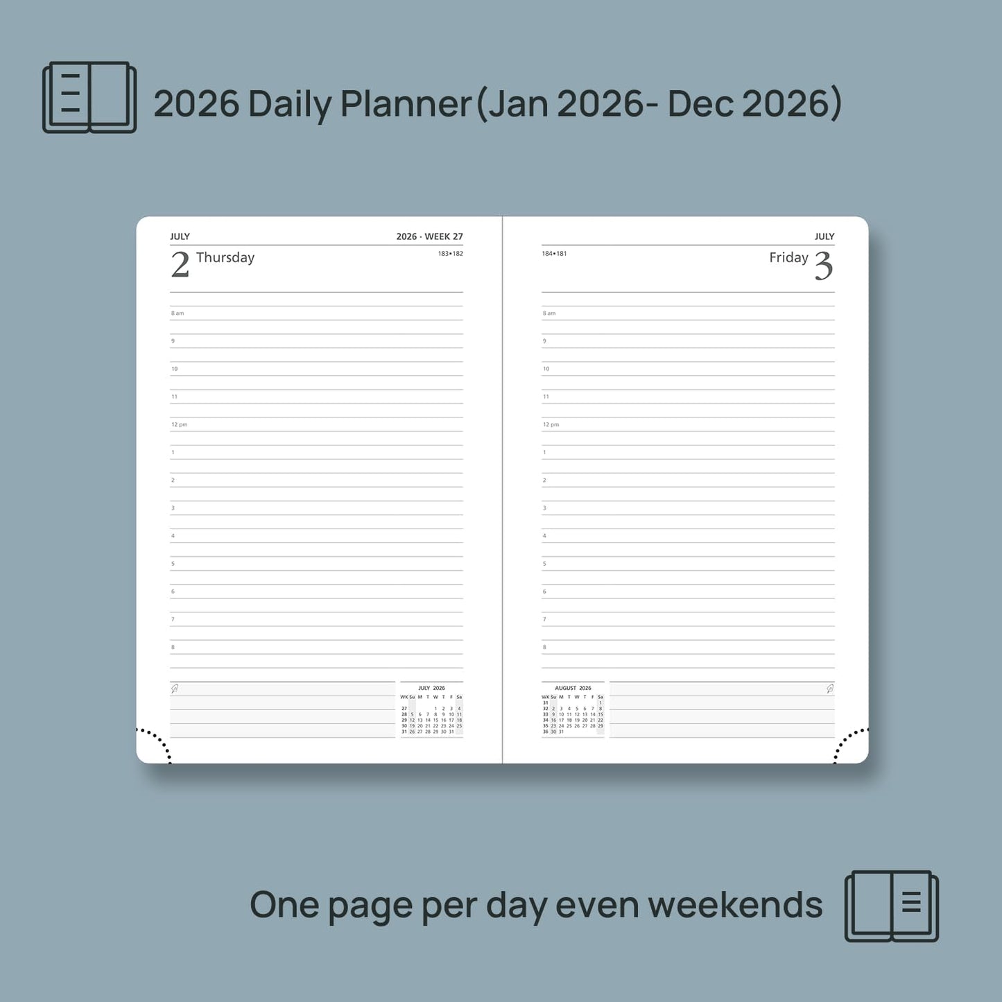 POPRUN 2026 Daily Planner One Page Per Day A5 Size Calendar (5.75" x 8.5") - 12 Months Hourly Appointment Book with Hardcover, Pocket, Pen Holder - Light Pink