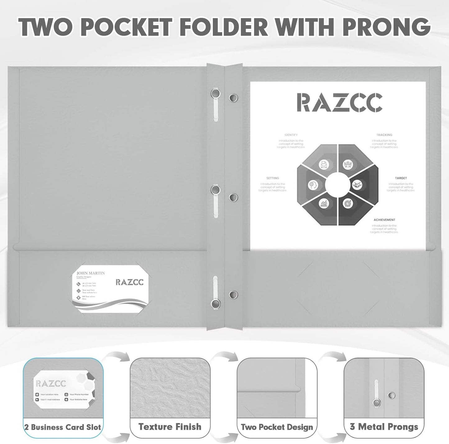 Two Pocket Folders, RAZCC 75 Pack Two Pocket Folders with Prongs, 3 Prong Folders Fit Letter Size Paper, Pocket File Folders for School Office Home Business, Grey