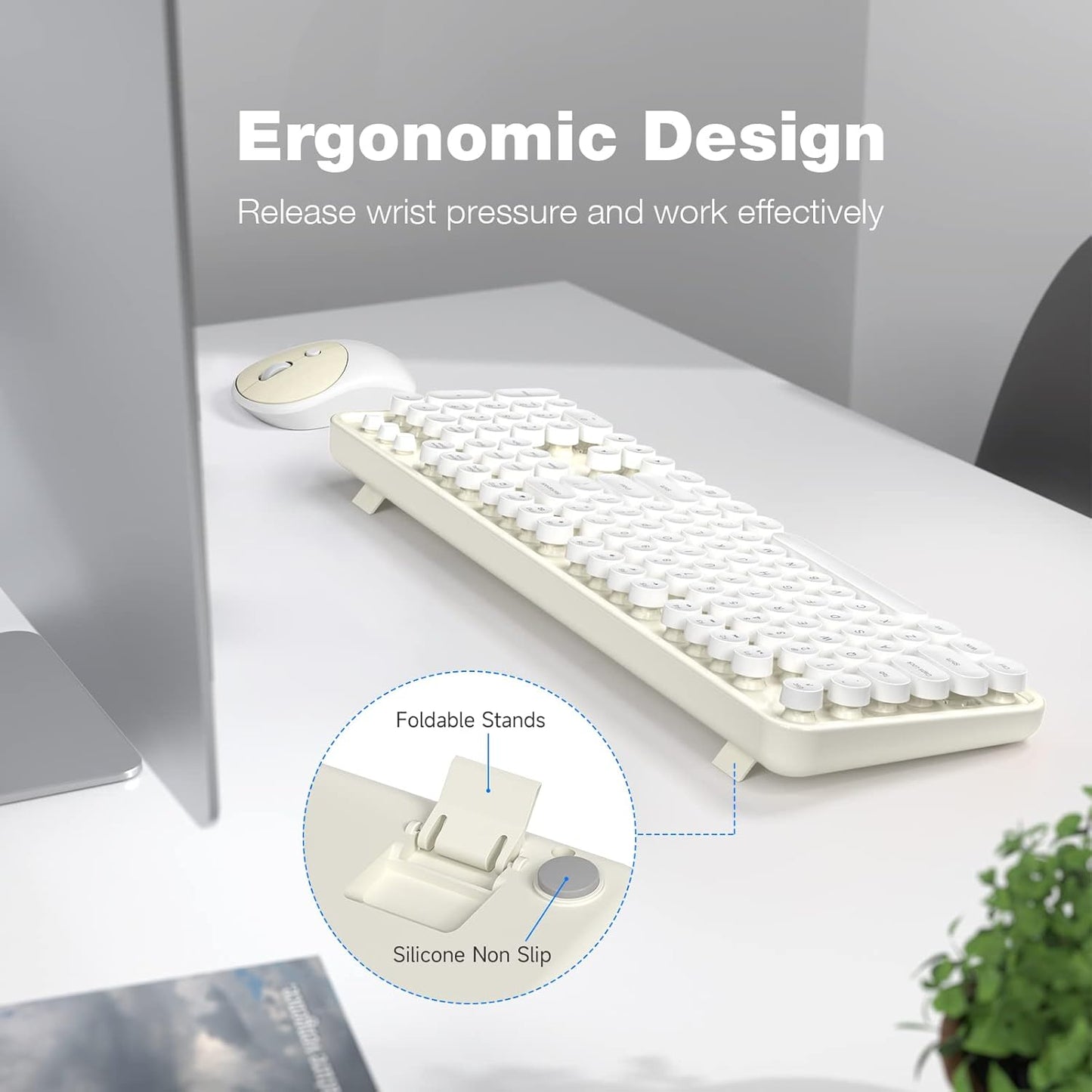 Wireless Keyboard and Mouse, Typewriter Full Size Keyboard with Number Pad and 2 in 1 USB Connected Mouse for Windows 7/8/10, Laptop, Desktop, PC, Computer (Off-White)