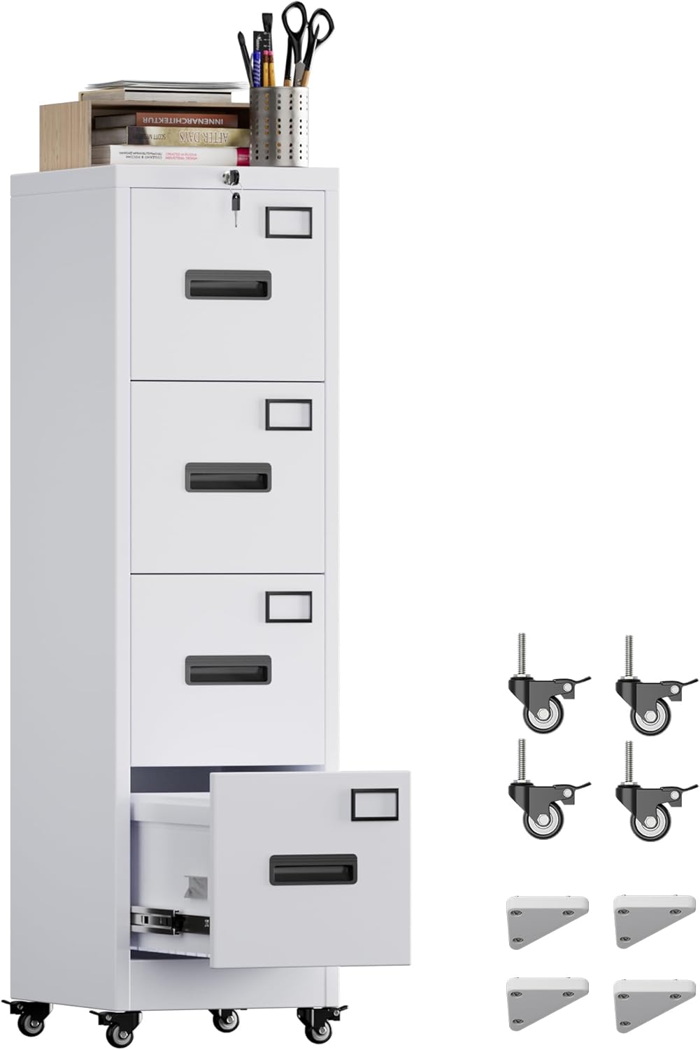 METAN 4 Drawer Vertical File Cabinet on Wheels, Lockable Office Files Storage Cabinet with Handle and Name Card,Mobile Storage Cabinet for Office and Home,Assembly Required,White