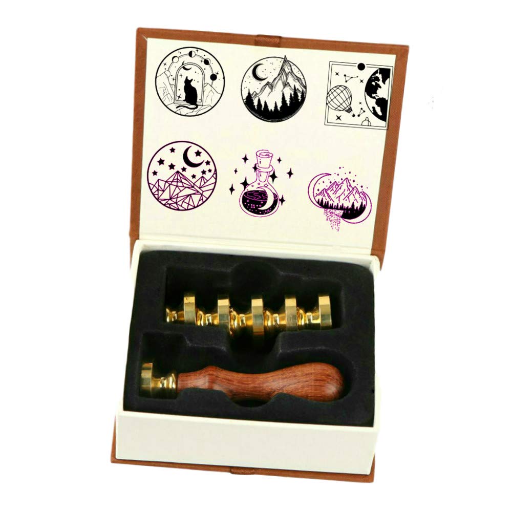 Wax Seal Stamp Set, ANBOSE Wax Seal Stamp Kit Including 6 Pieces Moon Star Mountain Sealing Wax Stamps Copper Seals + 1 Wooden Hilt, Moon Balloon Sealing Wax Stamp Kit for Cards Invitations