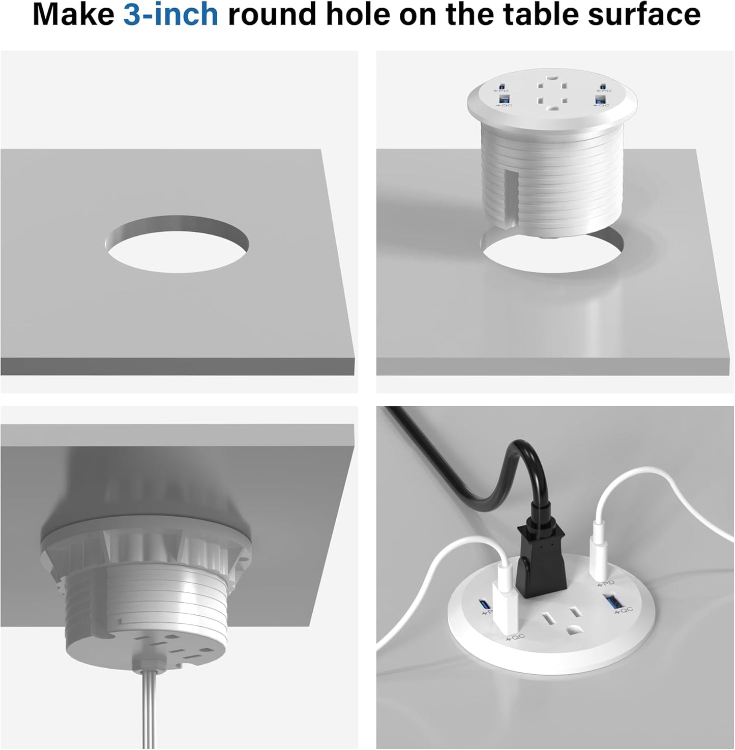 Jgstkcity Power Strip,Flush Mount Recessed Power Grommet,65W USB C Fast Charging,3-Inch Hole, 4 Outlets & 4 Ports, Ideal for Desktop & Countertop Outlet,Dual-Sided (White, 6FT)