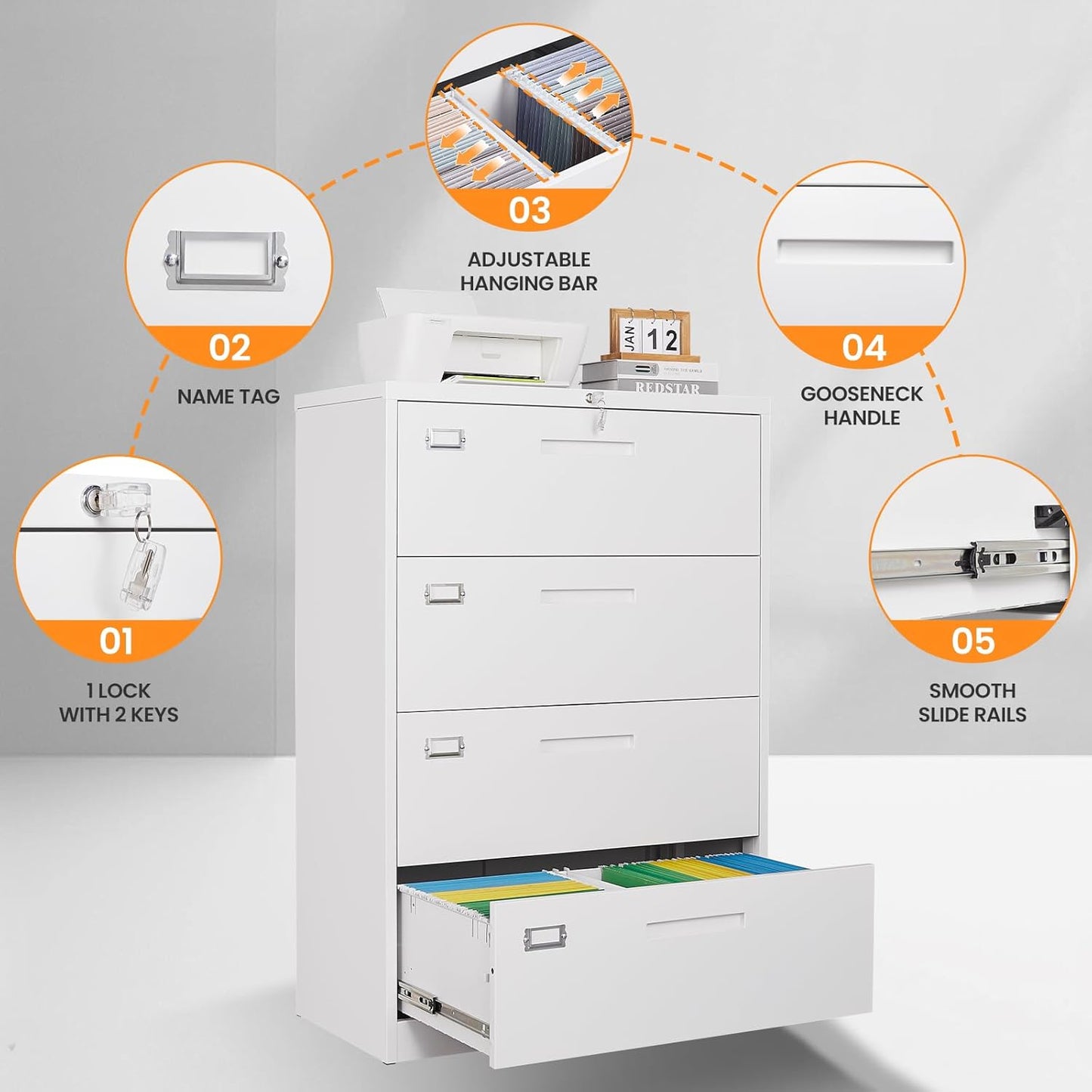 4 Drawer File Cabinets for Home Office, Metal Filing Cabinet with Lock, White Locking File Caninet Four Drawer, Office Storage Caninets Steel Cabnet for Letter/Legal/A4/F4-Assembly Required