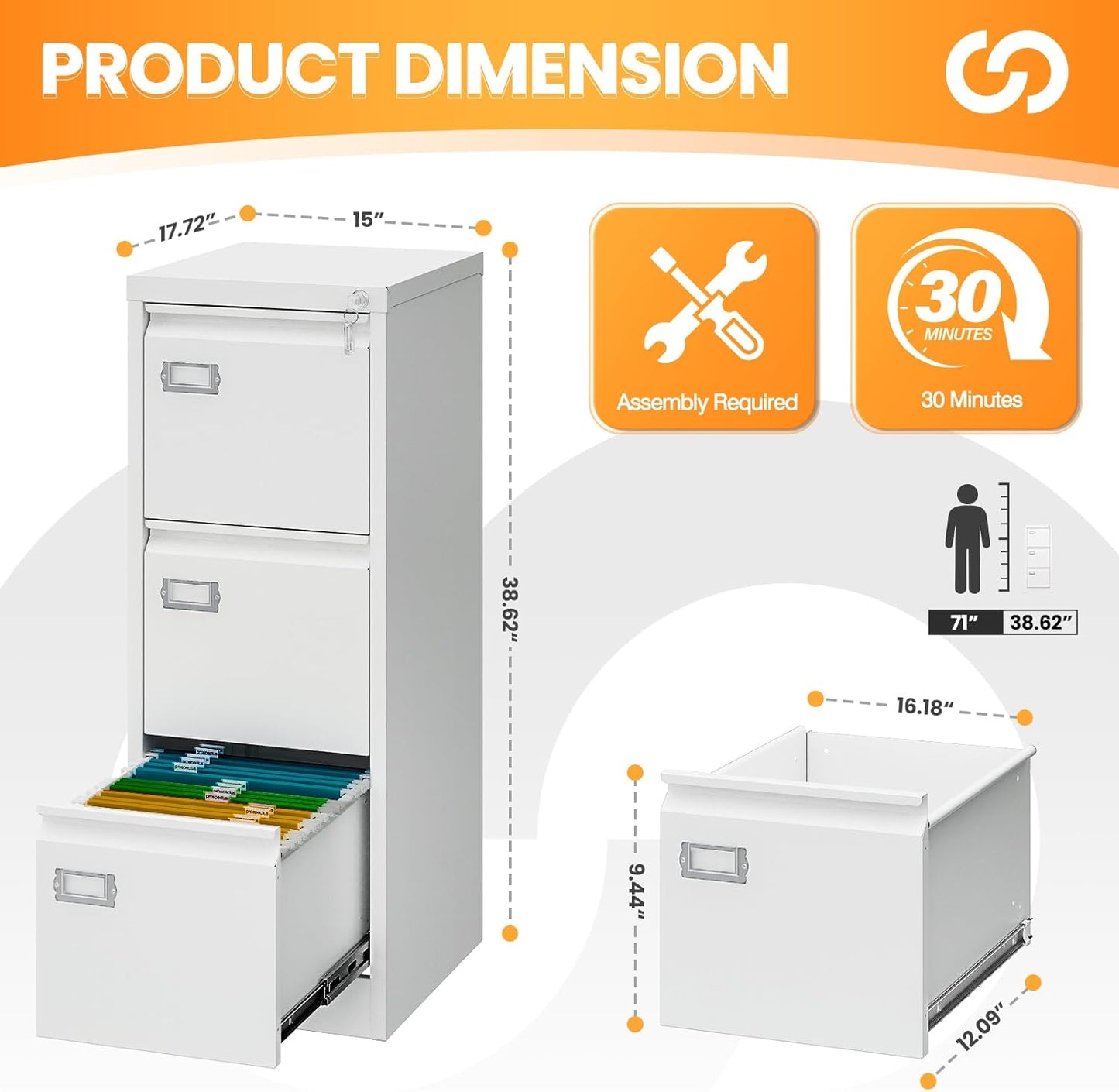 3 Drawer File Cabinet with Lock, Metal Filing Cabinets for Home Office, Vertical White Locking File Caninet, Steel Narrow Three Drawer File Cabnet for Letter/Legal / A4 / B4- Assembly Required