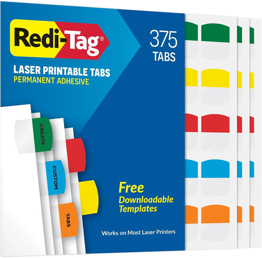 Redi-Tag Laser Printable Tabs, Permanent Index Tabs, Customizable Adhesive Labels, Assorted Primary Colors, 1.125" x 1.25", 375 Per Pack (1006556)