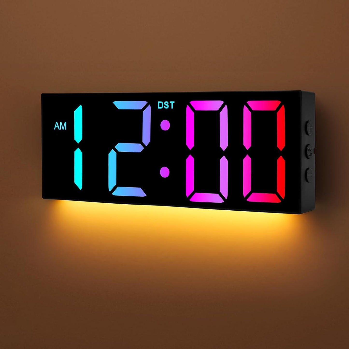 Alampan 12" Large Digital Wall Clock with Remote Control, RGB LED Clock with Full Screen Display, Big Numbers, for Classroom, Living Room, Elderly, Wall Mounted, DST, KSJ-01, Black