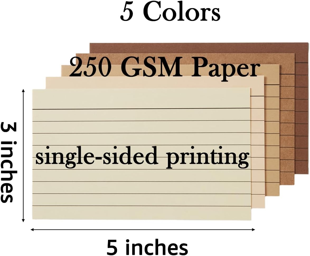 100 Sheets 3x5 Colored Ruled Note Cards Index Cards, 250 GSM Heavy Flashcards, 5 Brown