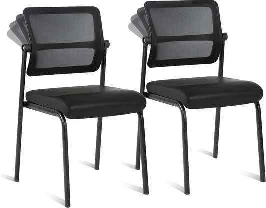 CLATINA Stackable Waiting Room Chair with Adjustable Mesh Backrest, Armless Office Guest Reception Chairs with Leather Cushion and Ergonomic Lumbar Support for Conference Lobby Side School, Black, 2PK