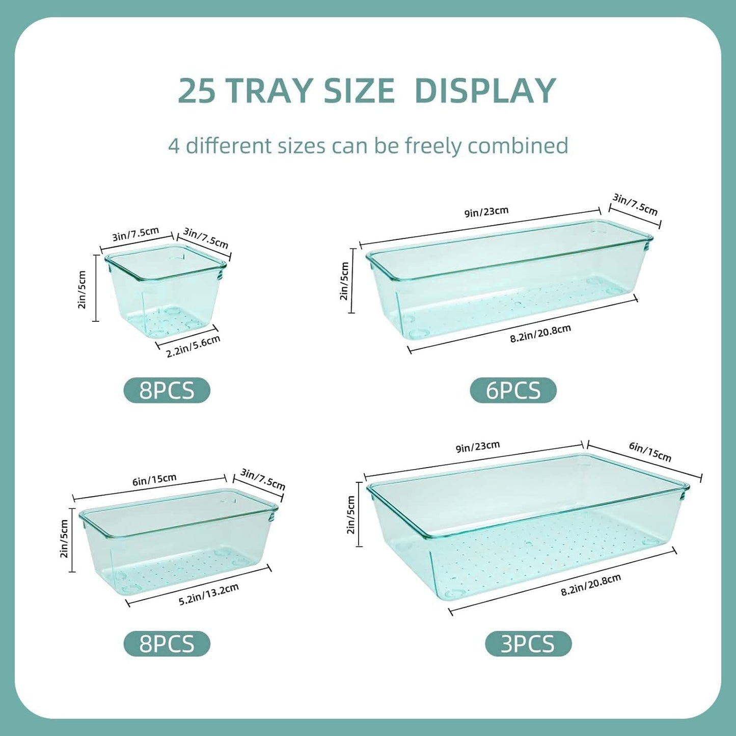 Kitchen Desk Drawer Organizers Storage for Office, Small Acrylic Vanity Trays Makeup Organizer for Drawer Bathroom Plastic Make up Organizers 25 Pcs Clear Blue