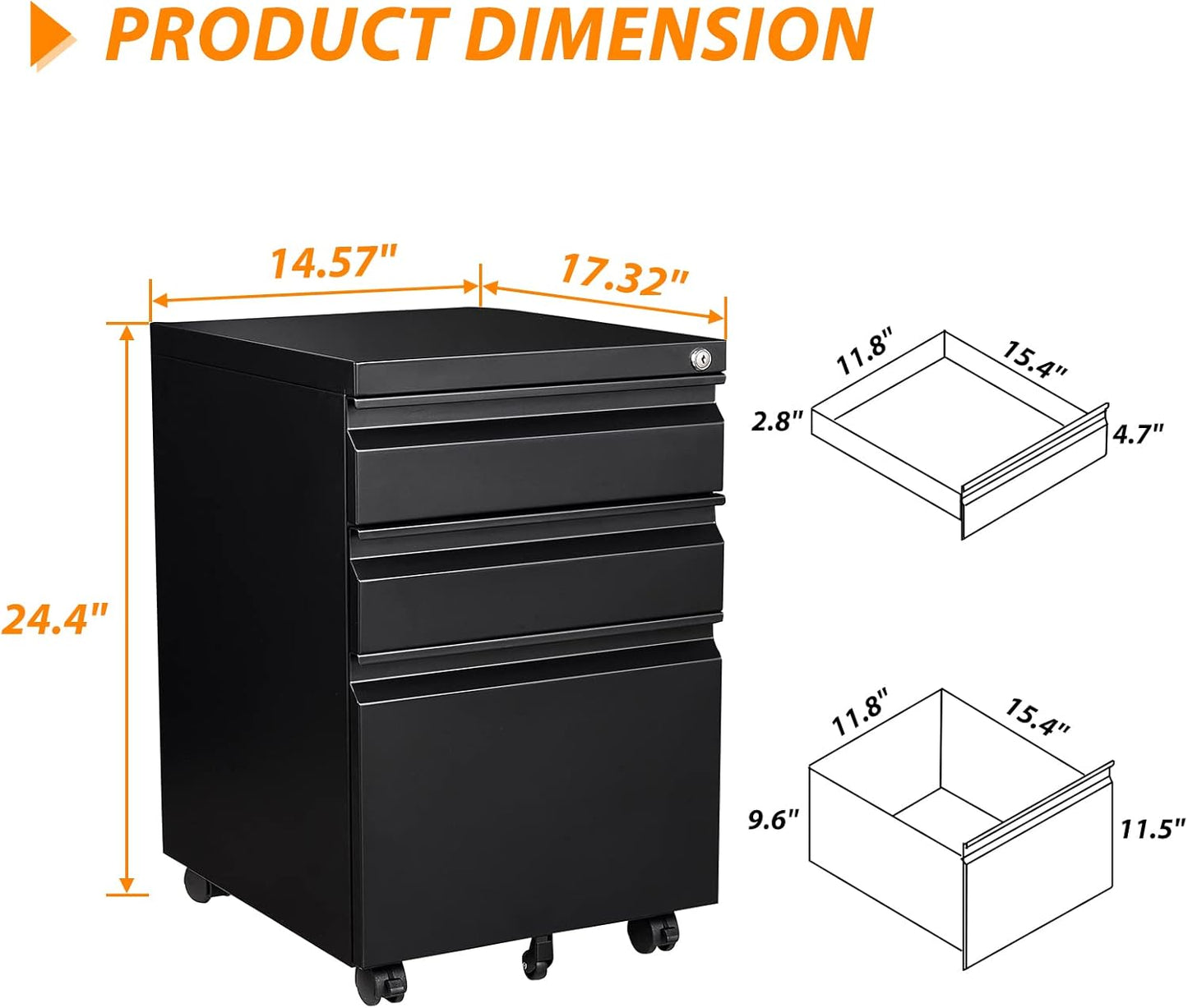 3 Drawer File Cabinet with Wheels, Metal Filing Cabinet with Lock, Office Rolling File Cabinets for A4/Legal/Letter Size, Assembly Required, Black