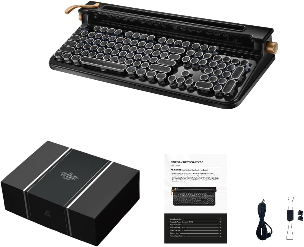 FINEDAY Keyboard 2.0 Plus, 2.4G Wireless & Bluetooth, 104 Keys, Blue Switch, 5000mAh, Retro Mechanical Keyboard for PC/Mac/Phone (English Keycaps)