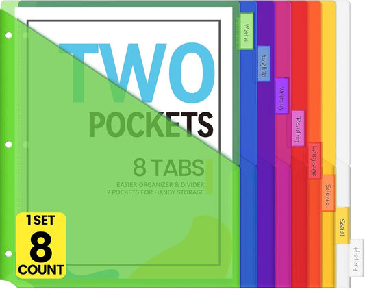 Sooez 8 Count Dividers with Pockets, 8 Tabs Binder Dividers for 3 Ring Binders, Binder Dividers with tabs, Binder Divider with Pockets for US Letter Size, Insertable Big Tabs, Multicolor, 1 Set