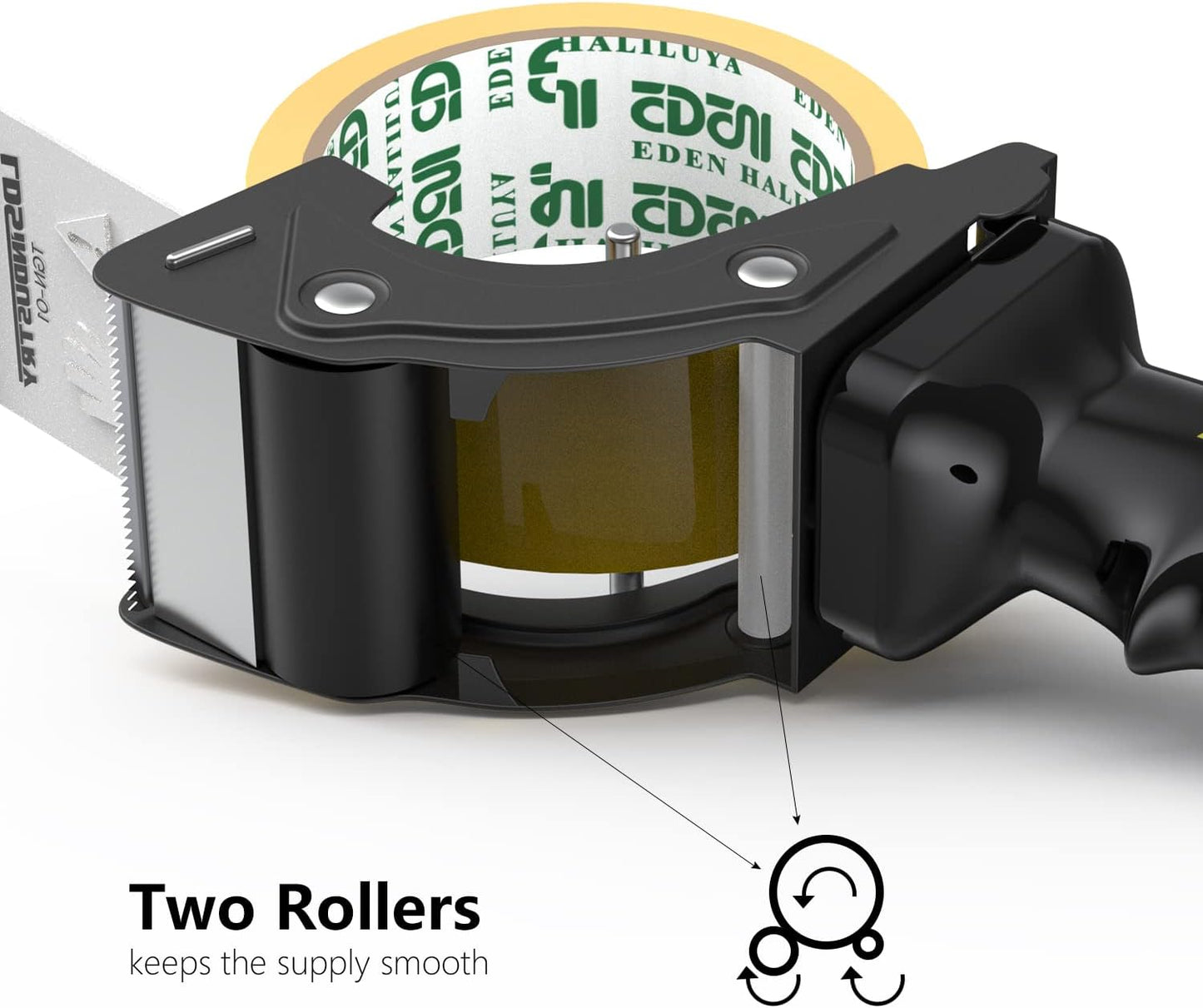 Rapid-Replace Tape Dispenser Gun with 2 Inch X 60 Yard Tape Roll (Transparent) and Extra Blade, Lightweight Ergonomic Heavy Handheld Duty Tape Cutter for Packaging and Box Sealing Black