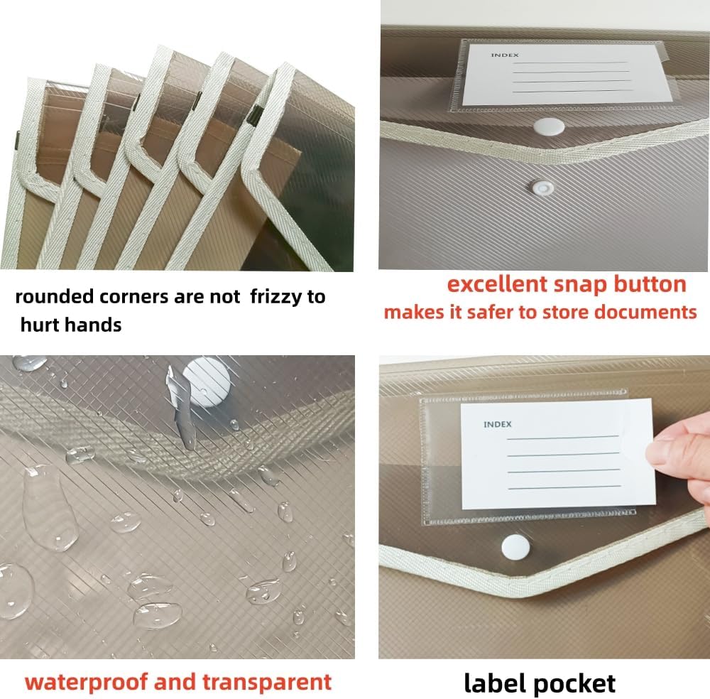 Plastic File Folders Envelope - Expanding File Wallet Organizer Documents Folder with Snap Closure and Pocket No Dividers, Large Capacity, Fit Letter/A4 Size - 5 Packs