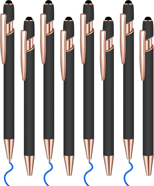8 Pcs Blue Ink Ballpoint Pen with Stylus Tip 2 in 1 Stylus Ballpoint Pen Metal Pens Stylus Pen for Touch Screens School Office Coworkers (Black Rose Gold)