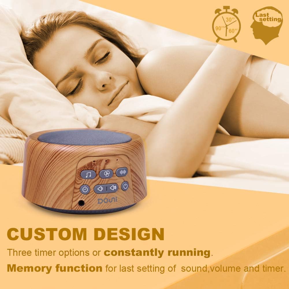 DOUNI White Noise Machine with 27 Soothing Sounds Timer, Adjustable Volume, Memory Function for Sleeping, Relaxation,Sound Machine for Kid,Adult,Nursery,Home,Office,Travel.Wood Grain