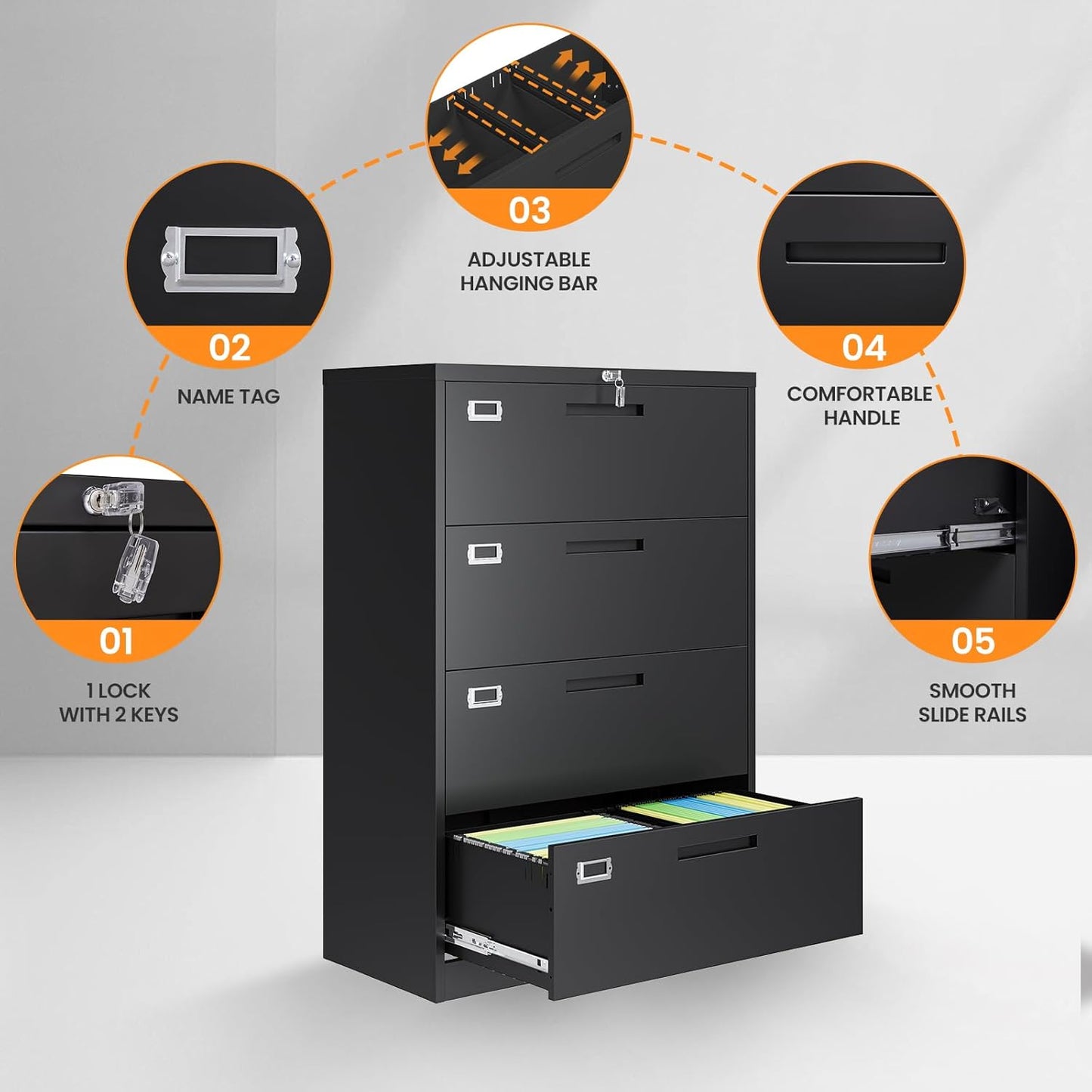 4 Drawer File Cabinets for Home Office, Metal Filing Cabinet with Lock, Black Locking File Caninet Four Drawer, Office Storage Caninets Steel Cabnet for Letter/Legal/A4/F4-Assembly Required