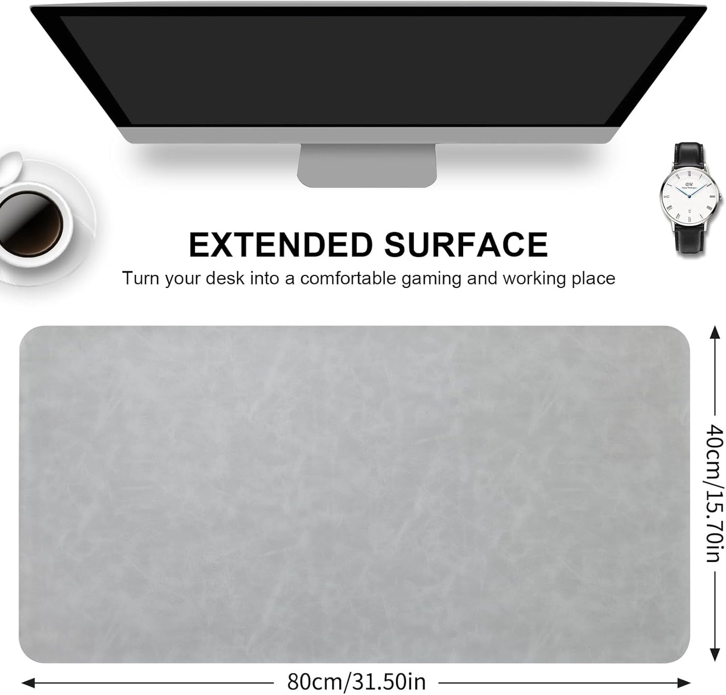 Crazy Horse Leather Desk Mat Large Mouse Pad Laptop Desk Pad Waterproof Non-Slip Table Blotter Desktop Writing Pad for Office and Home (Light Grey, 90x43cm)