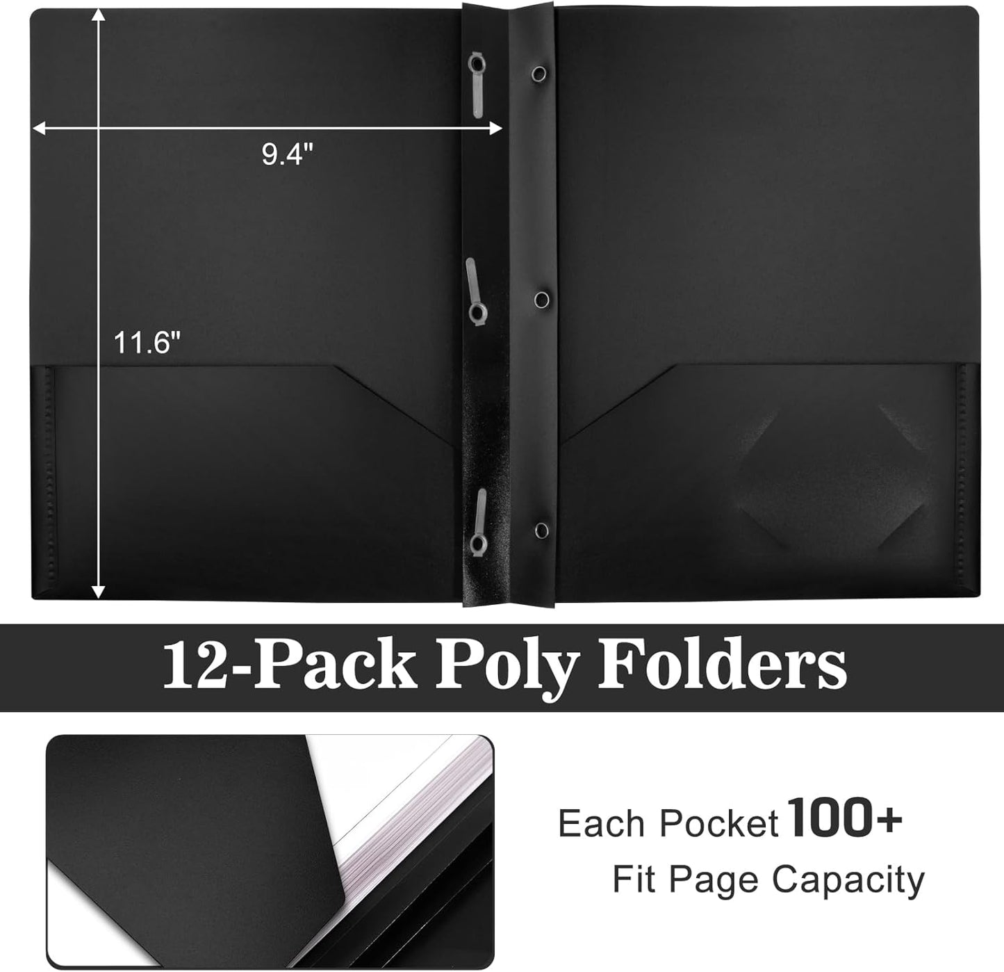 12-Pack Plastic Folders with Pockets and Prongs,2-Pocket Folders with 3 Fasteners, Poly Folders Holds 8-1/2" x 11" Paper for School/Office/Home, Black