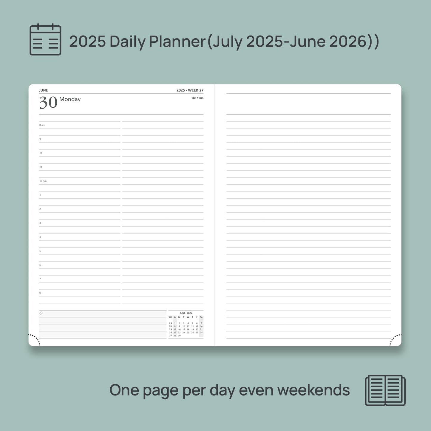 POPRUN 2025-2026 Daily Planner One Page Per Day (Large - 8.25'' x 12'') - Academic Calendar (July 2025 - June 2026), 2025 Day Appointment Book with Monthly Tabs, Hardcover - Pacific Green