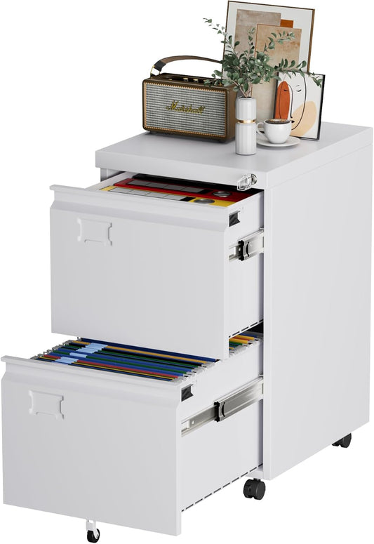 METAN 2 Drawer Vertical File Cabinet with Lock, Mobile Metal Filing Cabinet for Legal/Letter Size, Office Storage File Cabinet Under Desk with Card Holder,Assembly Required,White
