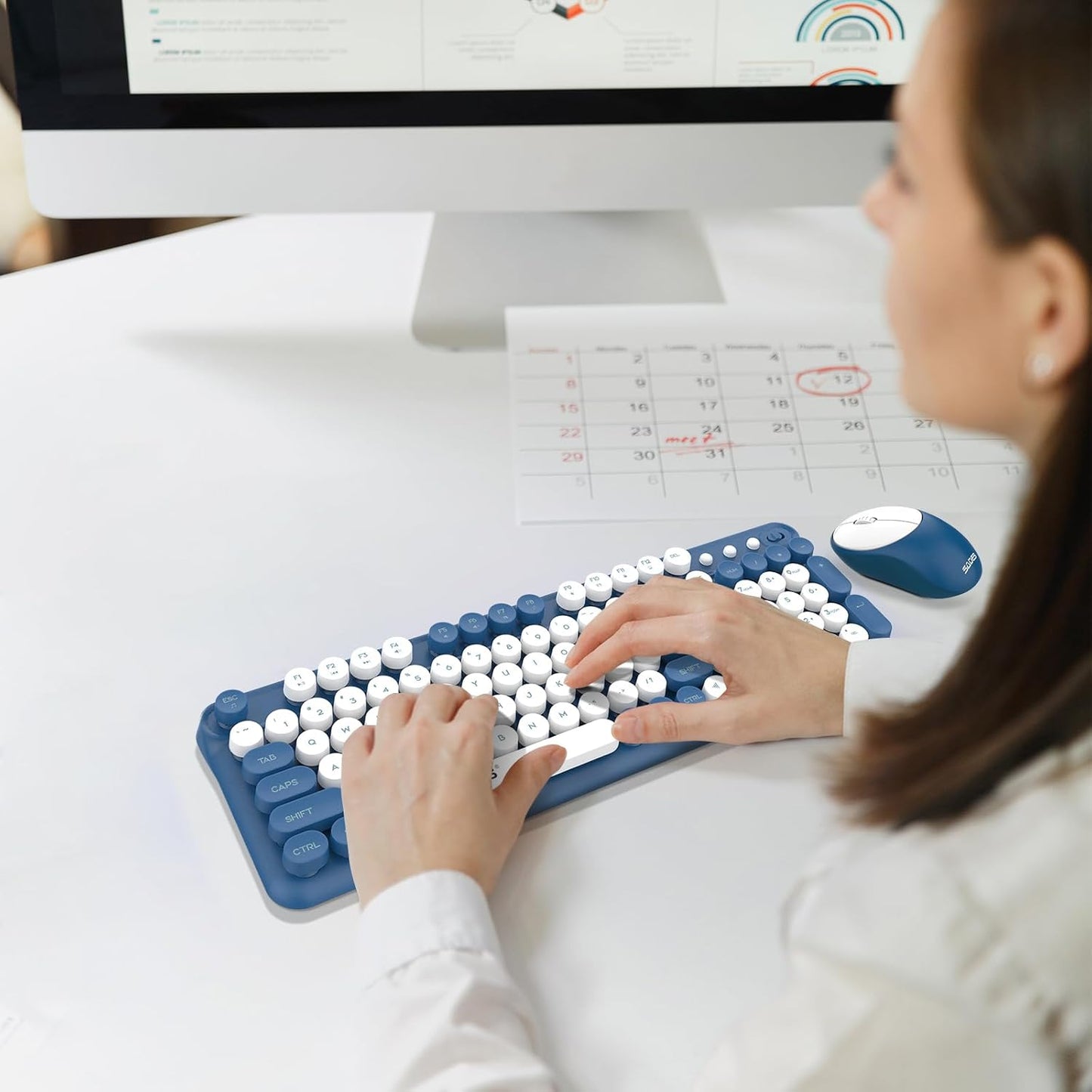 Wireless Keyboard and Mouse Combo,Retro Typewrite Keyboard and Mouse with Round Keypads,Hand-Friendly Keyboard and Mouse Wireless for Windows Laptop PC,Home Office Keyboard, White Blue