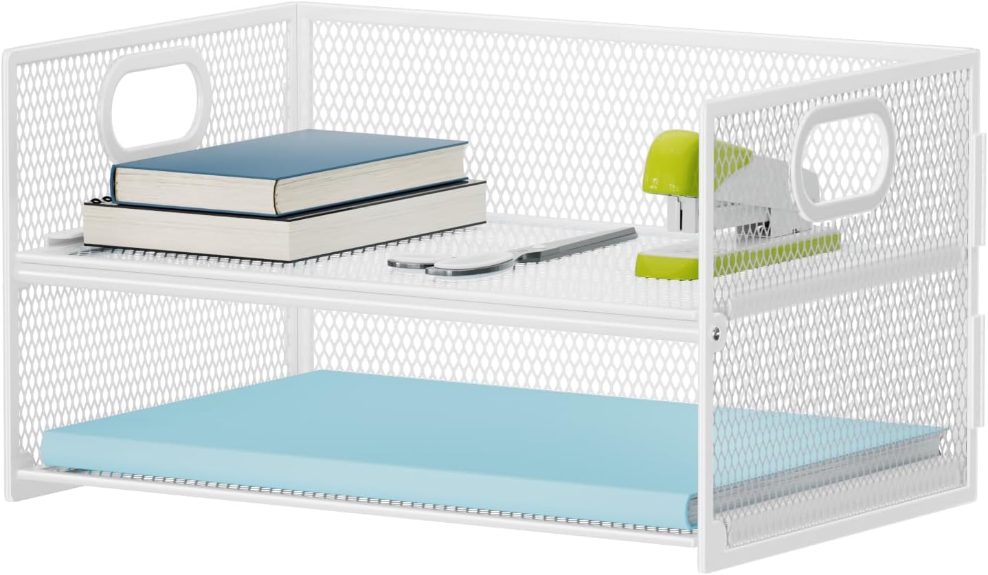 Marbrasse 2 Tier Paper Organizer Letter Tray, Mesh File Organizer with Handle, Paper Sorter Desk Organizer for Home Office Supplies - White