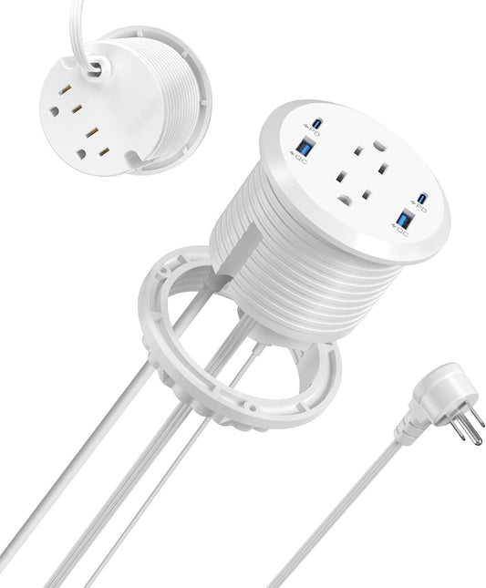 Jgstkcity Power Strip,Flush Mount Recessed Power Grommet,65W USB C Fast Charging,3-Inch Hole, 4 Outlets & 4 Ports, Ideal for Desktop & Countertop Outlet,Dual-Sided (White, 10FT)