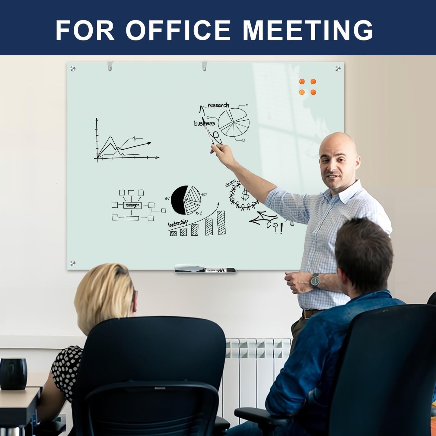 TSJ OFFICE Glass Dry-Erase Board - 48 x 30 Inches Wall Mounted Magnetic Whiteboard, Large Frameless Glass White Board for Office, Home & School