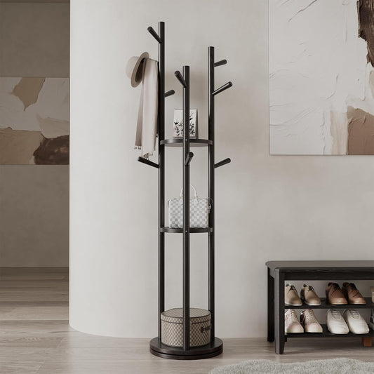Solid Wood Rotary Coat Rack, Freestanding Coat Rack with 3 Shelves and 9 Hooks, Coat tree for Bedroom, Entryway, Livingroom, Coat Hanger Stand for Coats, Scarves, Handbags (Black)