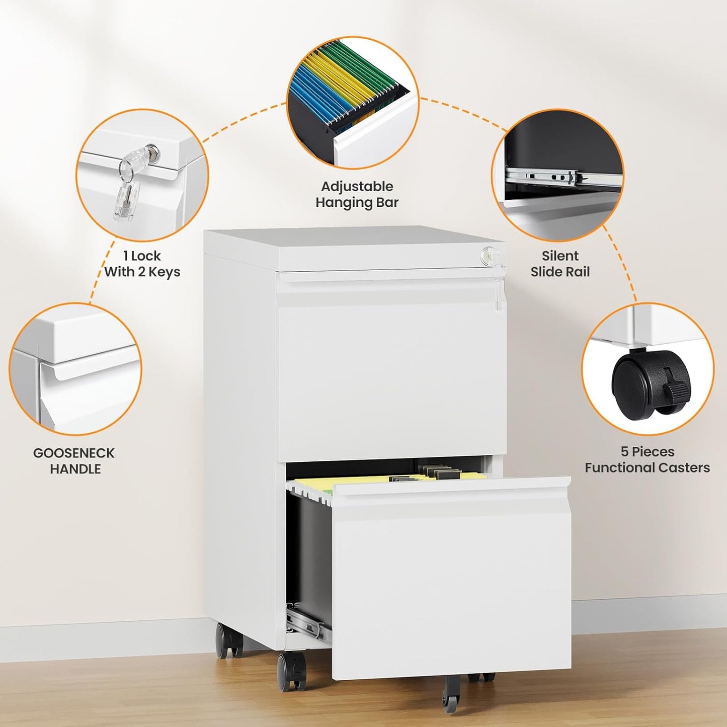 2 Drawer File Cabinet with Lock, Rolling File Cabinets for Home Office, Small Metal Filing Cabinet Office Drawers Under Desk for Letters/Legal/A4 Size, Assembly Required