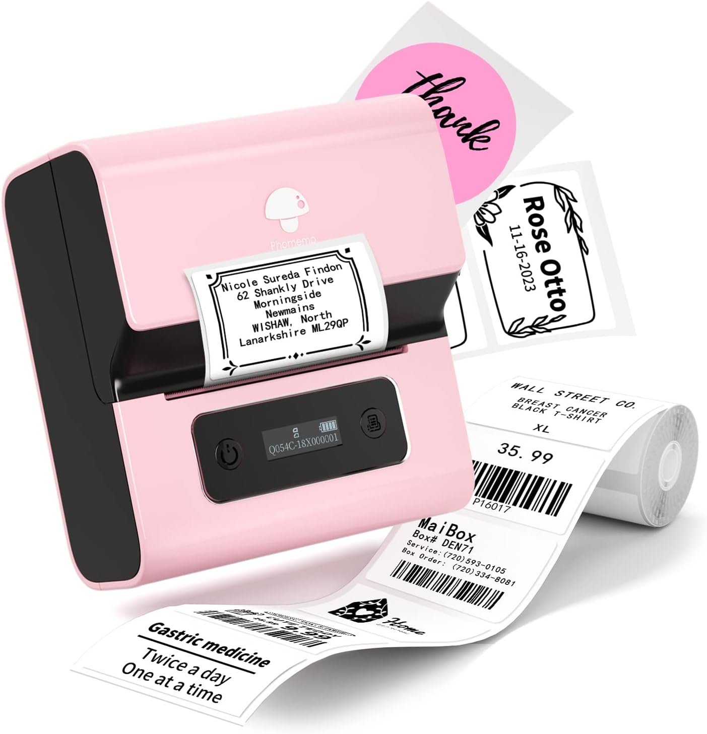 Phomemo Label Maker- M221 Label Maker Machine 3 Inch Bluetooth Thermal Barcode Printer for Small Business/Home Use, for Barcode, Address, Logo, Mailing, Stickers, Compatible with Phone & PC, Pink