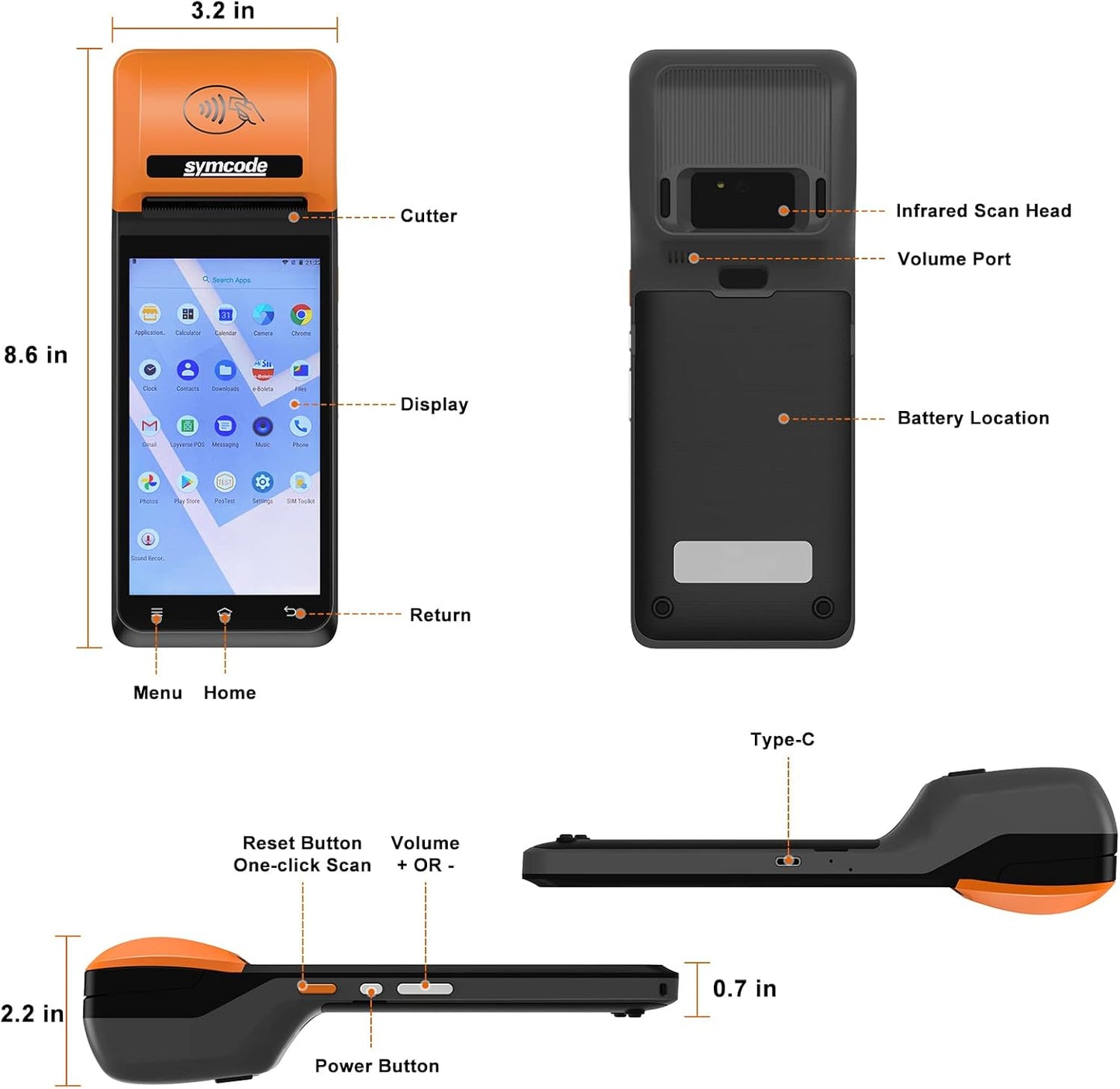 symcode POS PDA Thermal Receipt Printer,1D 2D Barcode Scanner Handheld PDA Printer Mobile POS Machine 5.5" Touch Screen 58mm Thermal Printer Android 8.1 Support 4G WiFi Bluetooth and NFC