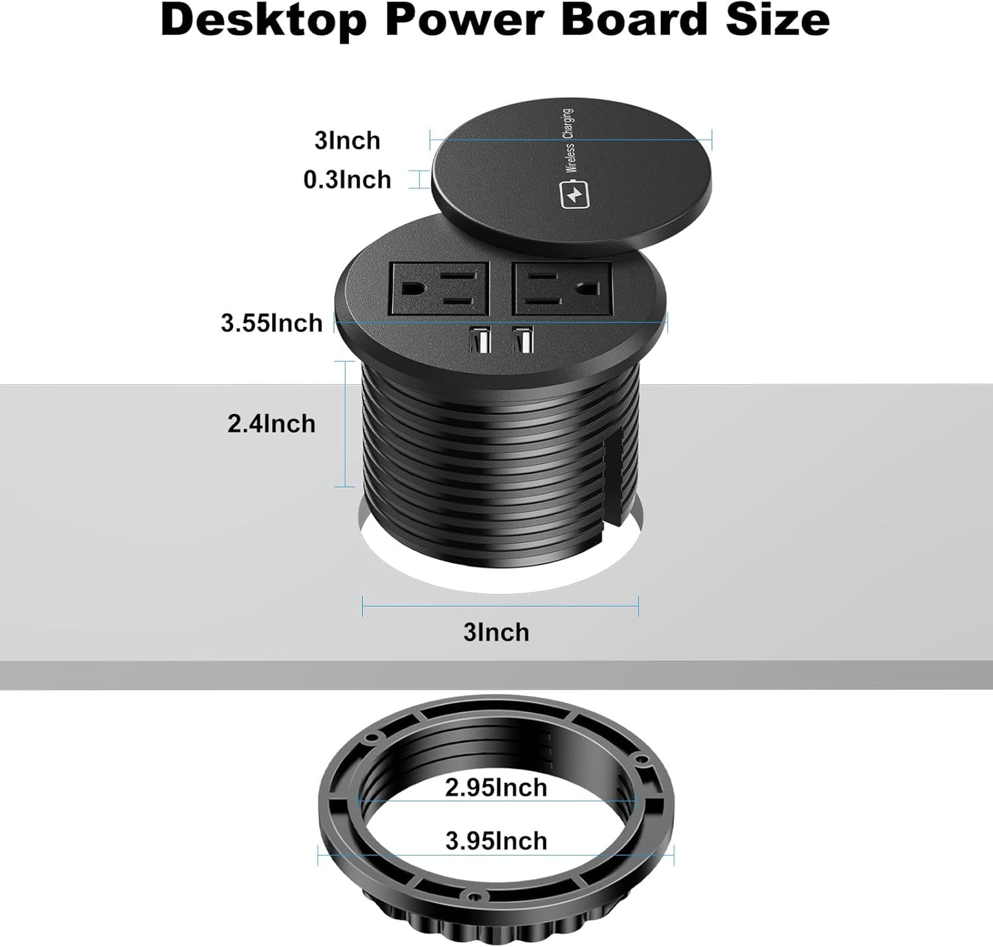 3 Inch Desk Hole Recessed Power Grommet with 15W Wireless Charger Cover, 2 USB-A Countertop Grommet Mount Power Outlet, with AC Outlets and 6ft Extension Cord Black