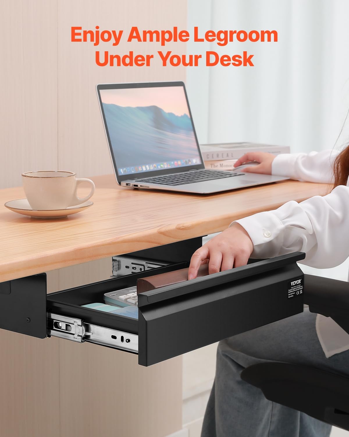 VEVOR Under Desk Drawer Slide Out, 16 inch Attachable Desk Drawer for Sit Stand Workstation, Hidden Under Counter Drawers for office Home, Black