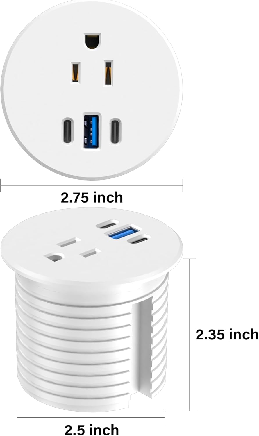 2.5 inch Power Grommet,20W USB-C Charging,1 Outlet with 2 USB C,1 USB Port,Furniture Flush Mount for Desktop,Recessed Power Strip,Workspace Essential Desk Outlet (White, 6 FT)
