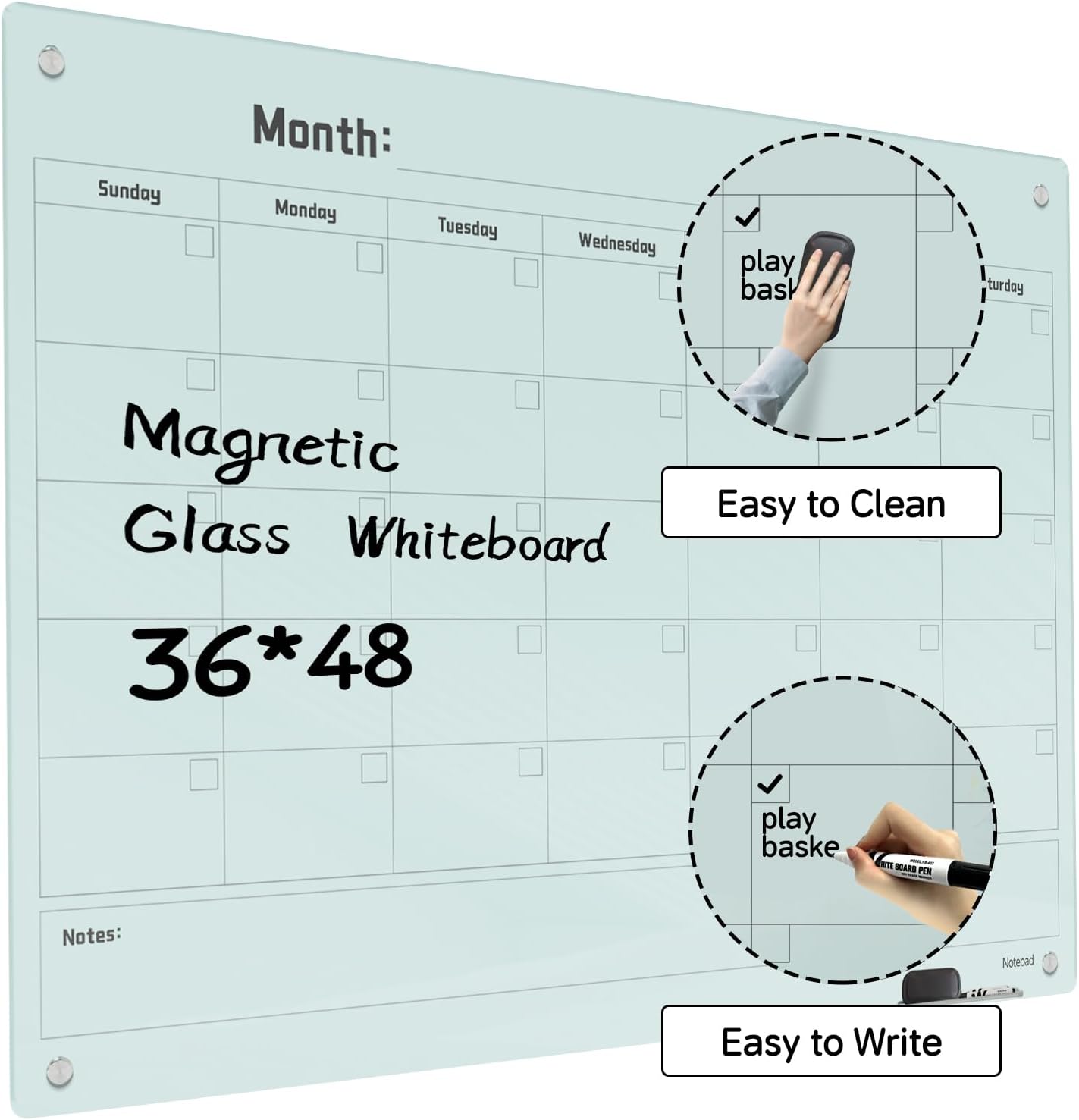Magnetic Glass Dry Erase Board Calendar- White Board 48 x 36 Inch Wall Mounted Monthly Whiteboard, Large Frameless Glass White Board for Wall Office, Home & School