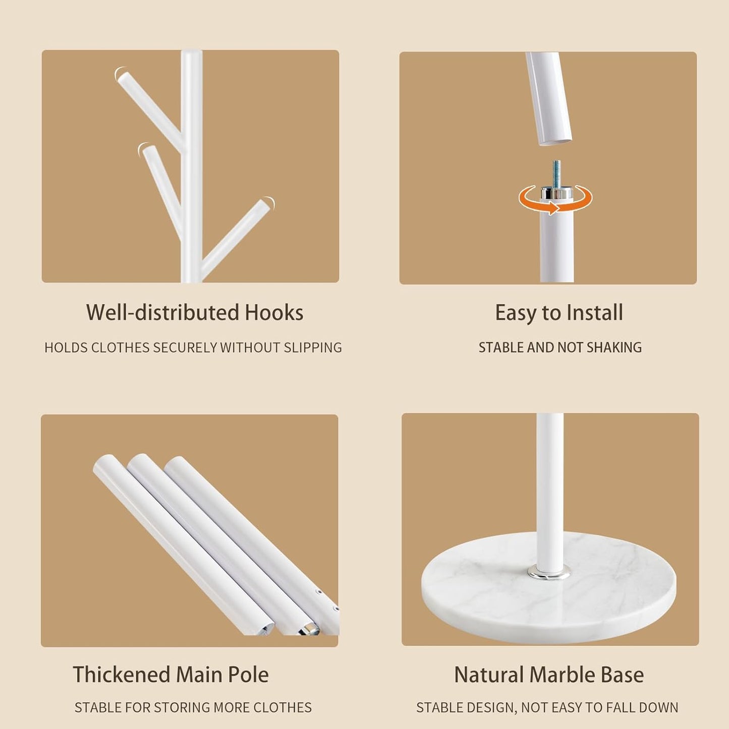 Coat Rack Stand with Natural Marble Base, Metal Coat Rack Freestanding, Modern Coat Racks, Heavy Duty Standing Coat Tree Hanger for Jacket, Bag, Entryway, Office