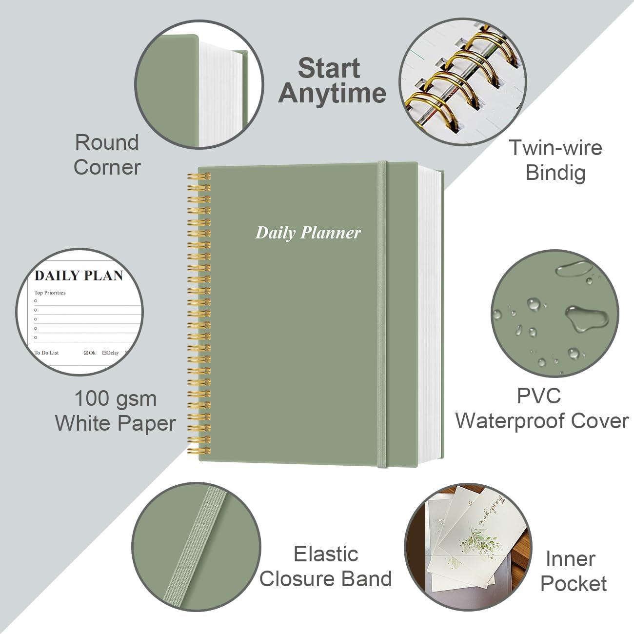 Daily Planner Undated - A4 To Do List Notebook Hourly Schedules, Spiral Appointment Planner for Women and Men,PVC Hardcover, Inner Pocket, Elastic Closure, 8.5" x 11", Green