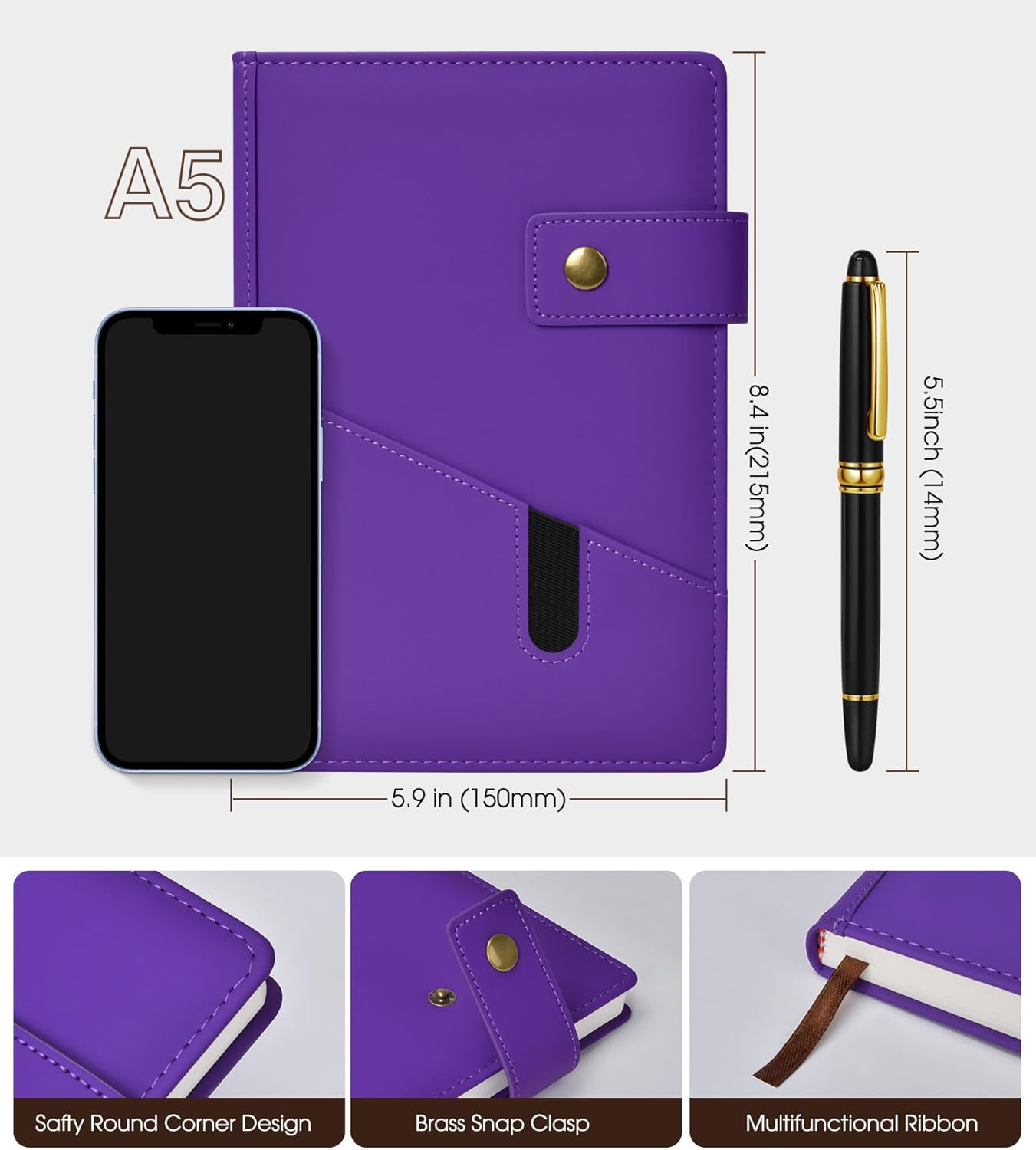 Purple A5 Lined Leather Journal Notebook for Men Women,5.9" X 8.4" Personalized Hardcover Journal with Pen,200 Pages 100 Gsm Thick Ruled Paper Daily Diary for Travel,Business,Work,Writing