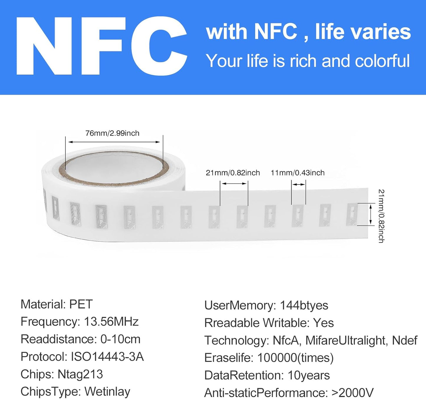 500 PCS NFC Tags Sticker with NTAG213 Chip Blank NFC Stickers Adhesive Labels RFID Tags Rewritable 137 Bytes Memory Compatible with All NFC-Enabled Smartphones and Devices, 10 x 20MM, Clear