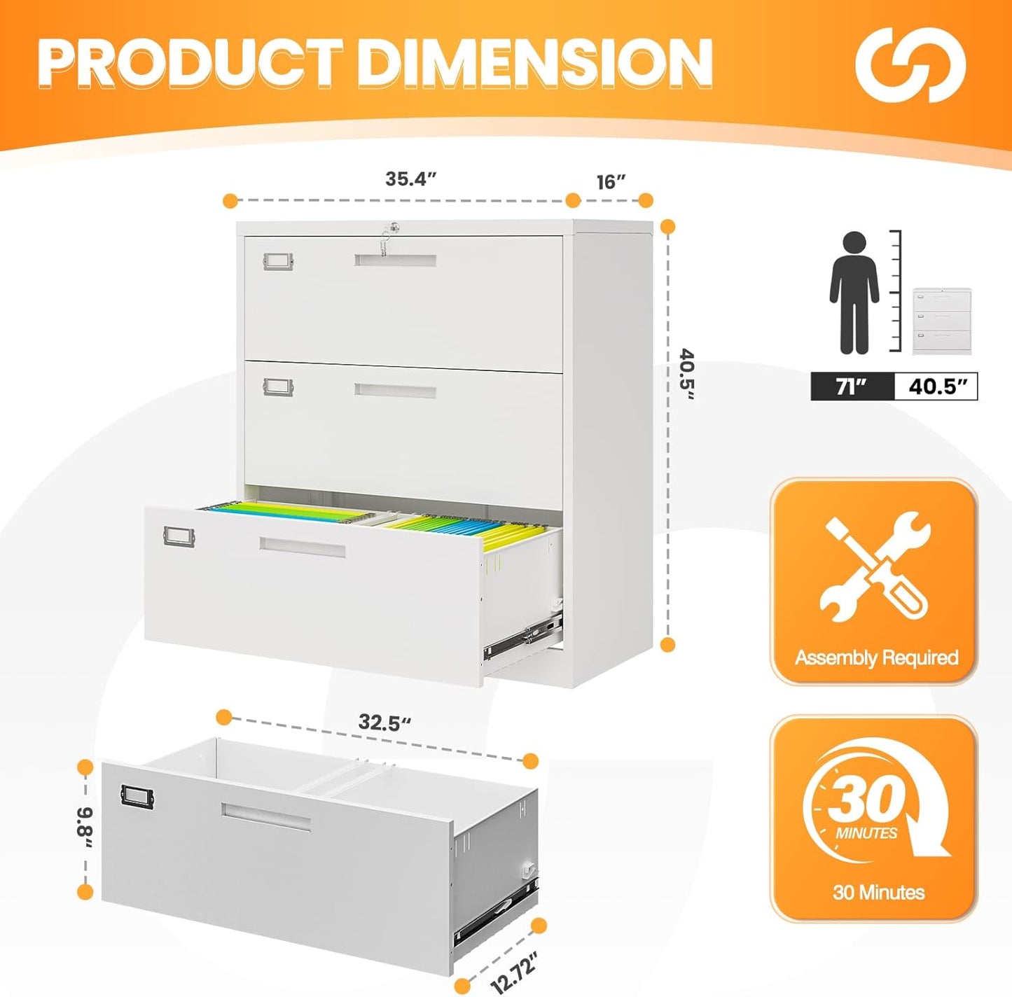 3 Drawer File Cabinets for Home Office, Metal Filing Cabinet with Lock, White Locking File Caninet Three Drawer, Office Storage Caninets Steel Cabnet for Letter/Legal/A4/F4-Assembly Required