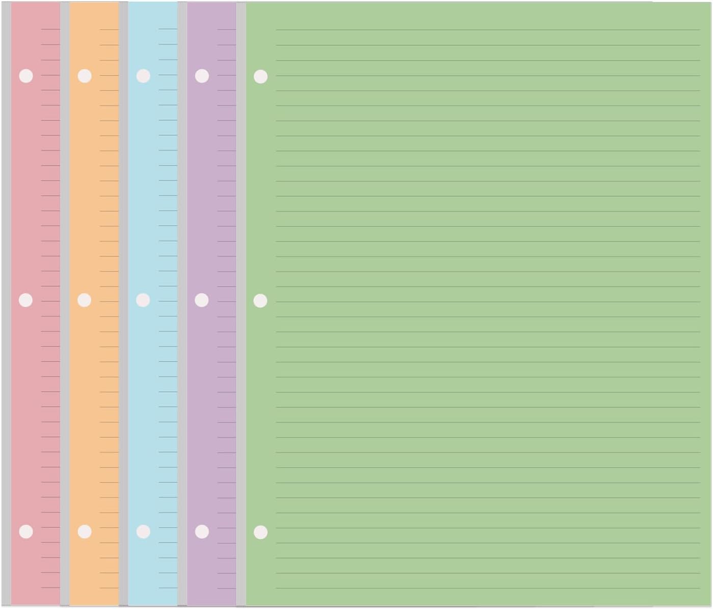 3 Hole Colorful Lined Paper - 100 Sheets/200 Pages Loose Leaf Paper Line Refills, Per Color 20 Sheets, 8.5" x 11"