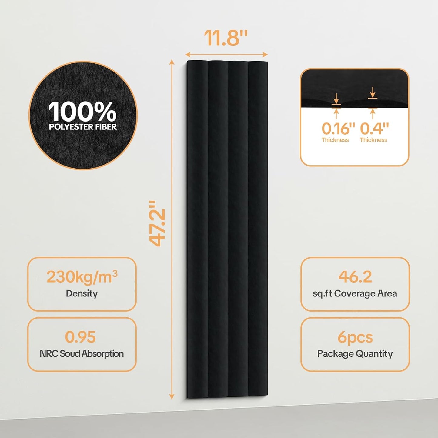 6 Pack Acoustic Panels 3D Wave Sound Proof Foam for Walls, 47.2"x11.8" Self-Adhesive Sound Absorbing Panels for Noise Reduction in Home Office & Studio, Decorative Wall Tiles (Black)