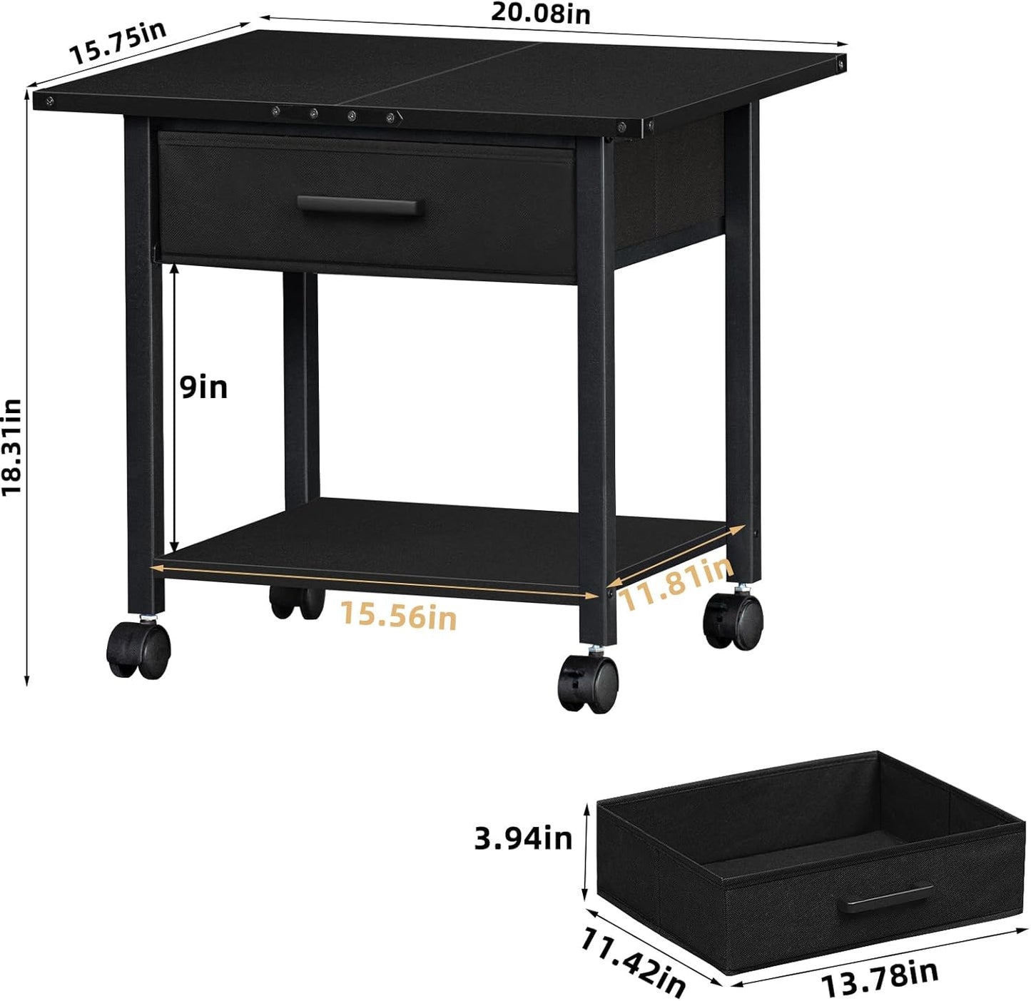 Lerliuo Under Desk Rolling Printer Stand with Drawer, 2-Tier Industrial Mobile Printer Table Desk with Storage Shelf and Steel Frame, Printer Cart Holder with Lockable Wheels for Home, Office (Black)