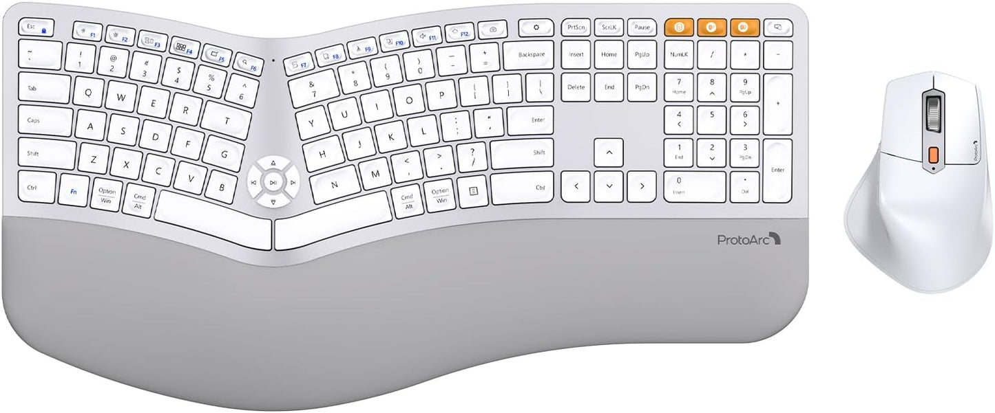 ProtoArc Ergonomic Wireless Keyboard Mouse, EKM01 Plus Full Size Ergo Bluetooth Keyboard Mouse Combo, Split Design, Wrist Rest, Multi-Device, Rechargeable, for Windows/Mac OS - White and Silver