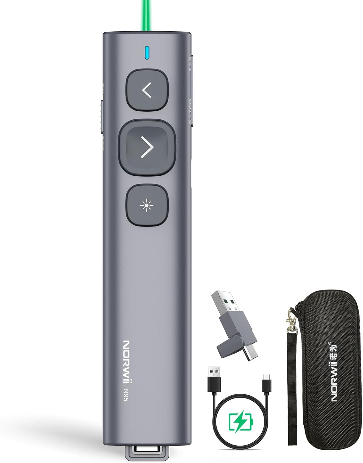 Norwii N95 Presentation Clicker with USB-A&C Receiver, PowerPoint Clicker for Presentation Remote, Rechargeable Wireless Presenter Pointer, Slide Advancer for PC/Laptop/e-Book (Green, USB-AC)