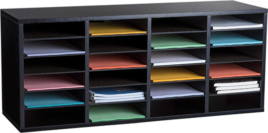 AdirOffice Wooden Adjustable Literature Organizer, 24 Compartment Office Mailbox, or Classroom Literature Organizer, Black