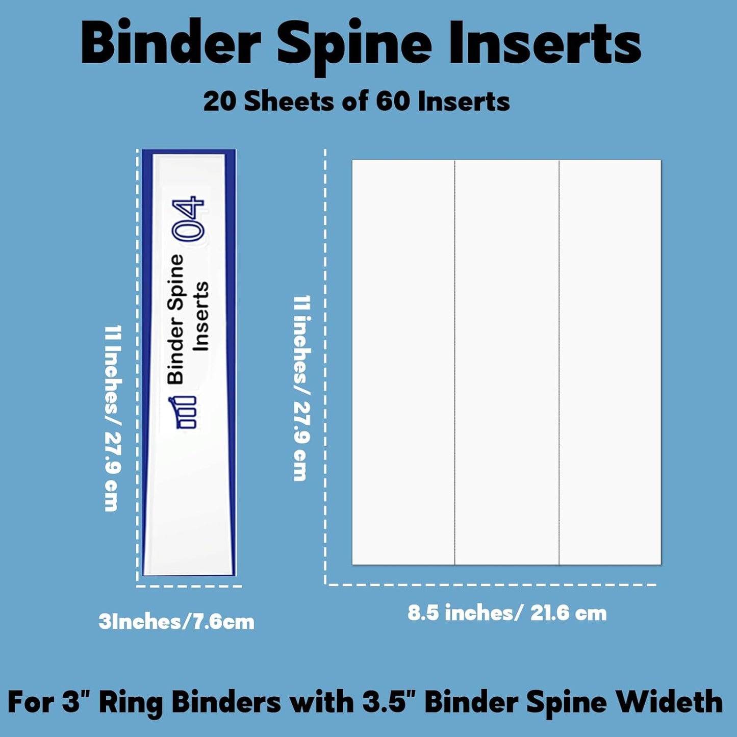 gisgfim 20 Sheets Binder Spine Inserts 3 Inch Spine Width White Binder Labels 92LB Printable Side Identifiers for Inkjet Laser Printers Cardstock View Binders Labels 3 Inserts/Sheet
